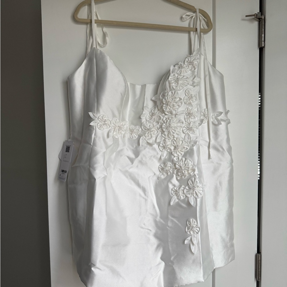 Azazie White Satin Floral Appliqué Slip Dress
